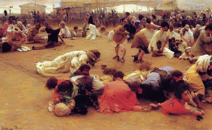 Image similar to high quality high detail painting by ilya repin, people crawling on the floor, hd