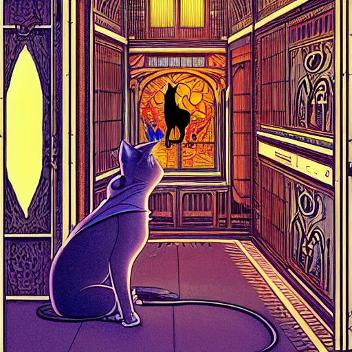 Image similar to a cat wearing a hooded cloak, in an elevator with art nouveau neon panelling, by moebius and james gurney and james jean and greg rutkowski, 8 k