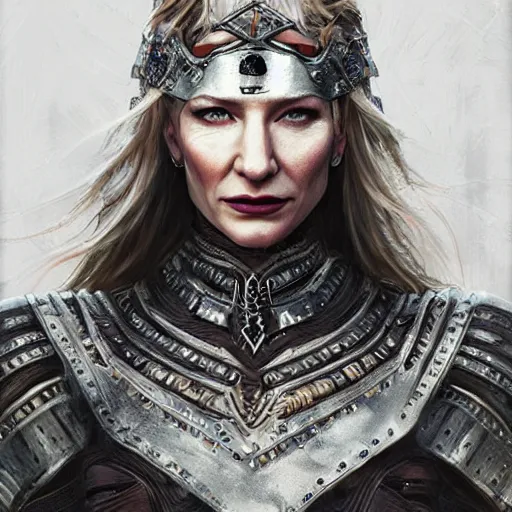 Image similar to portrait of cate blanchett as a warrior woman, looking at camera, d & d, choker on neck, stylish armor, intricate, elegant, stylish, fierce look, fantasy, extremely detailed, digital painting, artstation, concept art, smooth, sharp focus, illustration, stunning lighting, art by artgerm and simon stalenhag