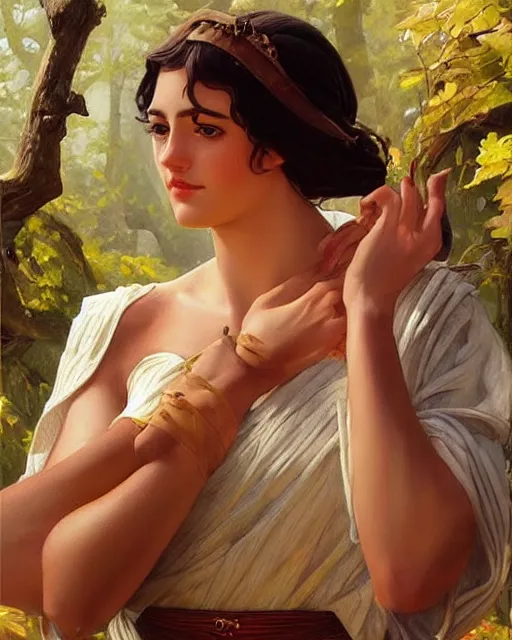 Prompt: a greek goddesses near river, oil on canvas, artstation, by j. c. leyendecker and edmund blair leighton and charlie bowater, beautiful face, octane, very aesthetic!!!!!!!!!!!!!!!
