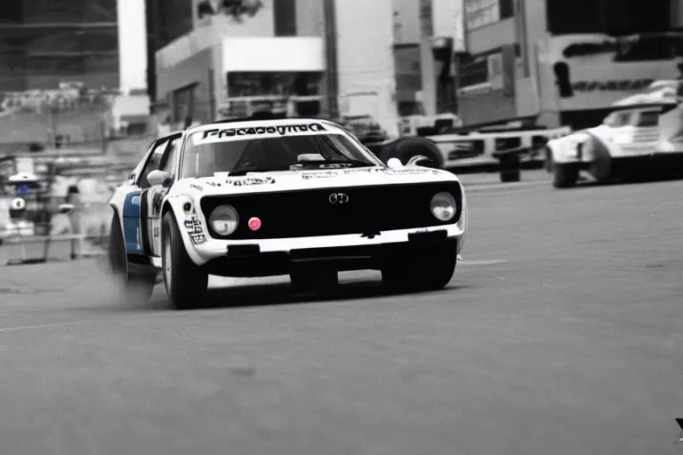 Prompt: single racecar 1968 Audi Quattro, BMW M1, movie still, vintage footage on Tokyo streets, volumetric lighting, f8 aperture, cinematic Eastman 5384 film