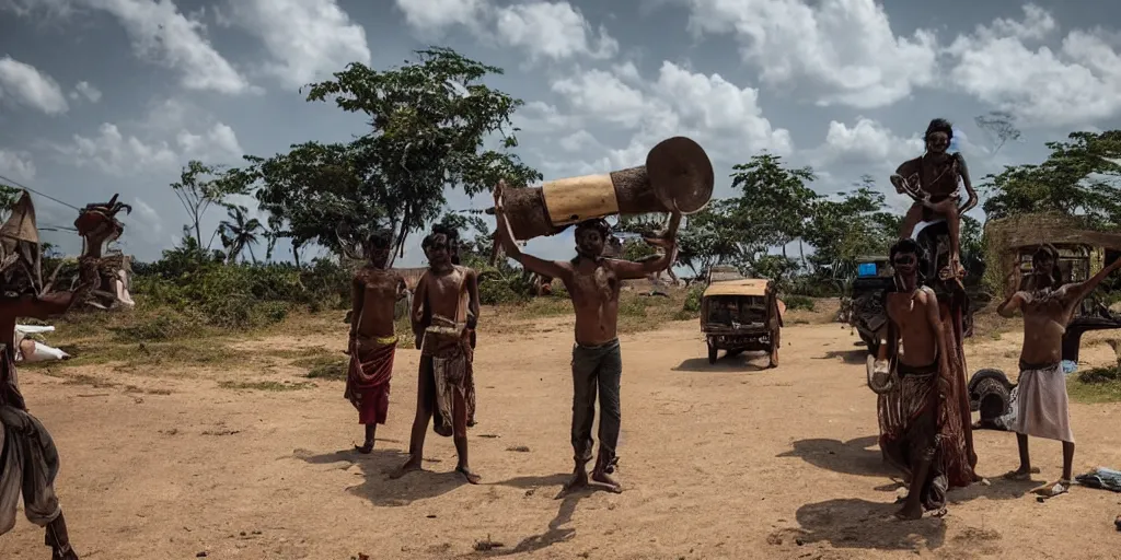 Image similar to sri lankan mad max style, bongo drum player, tuk tuk, film still, epic shot cinematography, rule of thirds