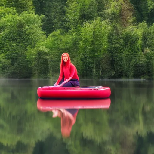 Image similar to tall beautiful red haired scottish woman, smiling on a raft in a lake, 4 k, early morning, mist, photorealism, professional photography