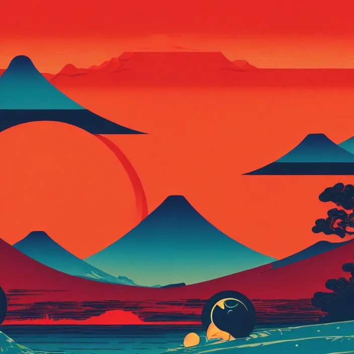 Prompt: a painting of a red landscape with a sun in the background, poster art by tom whalen, behance contest winner, space art, apocalypse landscape, ukiyo - e, synthwave