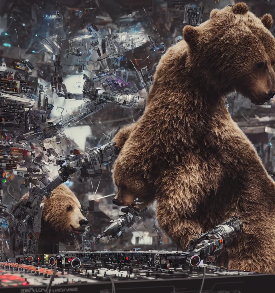 Prompt: a cyborg grizzly bear dj mixing records on stage, photorealistic, highly detailed, illustration, lifelike, highly detailed, intricate, octane render, sharp focus, cyberpunk