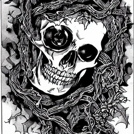Prompt: A skull, with vines coming out of the eye sockets. Centered, Dark Fantasy, Film Noir, Black and White. High Contrast, Mike Mignola, D&D, OSR