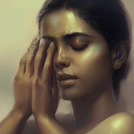 Image similar to Stunning portrait of Beautiful Indian womans face with her hands covering her eyes. Soft render, Greg Rutkowski details, Tears pouring down from her eyes, music album cover, artstation, pixivi