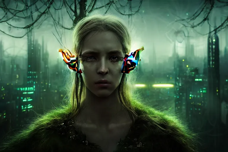 Image similar to an ultra realistic, cinematic, fantasy, headshot portrait, of an elden ring elf, fairy lights, facial features, background of a vast dystopian cityscape, with trees and neon lights, detailed, deep focus, movie still, dramatic lighting, ray tracing, by michal karcz and yoshitaka amano