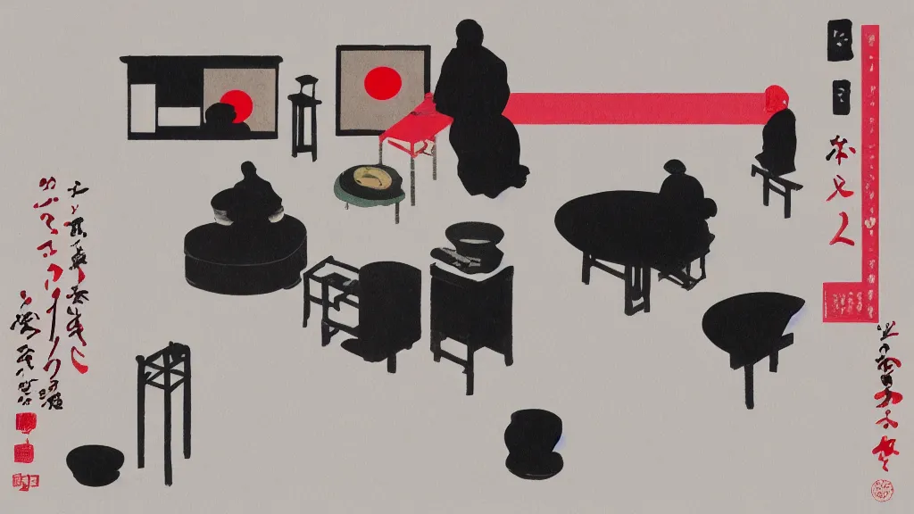 Image similar to a small tea ceremony, japan, a collage painting, in the style of wes anderson, lola dupre, david hockney, isolated on negative white space background dark monochrome neon spraypaint accents volumetric octane render