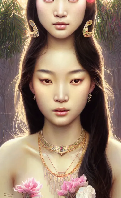 Image similar to a beautiful young charming asian goddess with sundress + jewelry + shinny eyes | | winter, symmetric, realistic shaded, unpleasant face, good looking, fine details, dior, lv, realistic shaded lighting poster by greg rutkowski, macoto takahashi, magali villeneuve, artgerm, jeremy lipkin and michael garmash