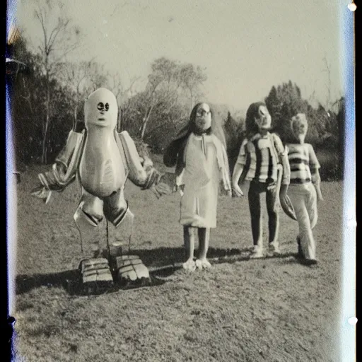 Prompt: really old polaroid photograph of horrorific extraterrestrial beings visiting earth,