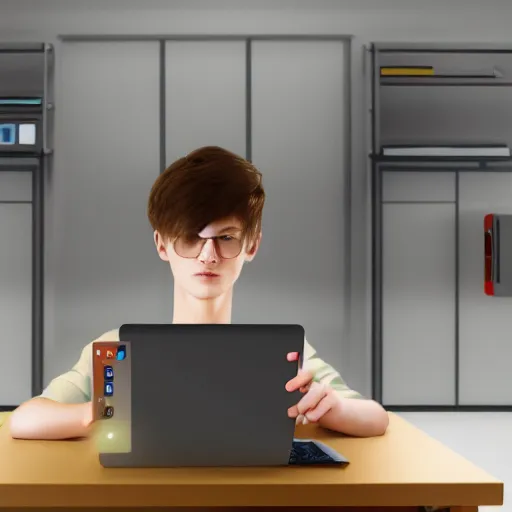 Image similar to realistic teenager using laptop in super tech room, artstation trends, concept art, highly detailed, intricate, sharp focus, digital art, 8 k