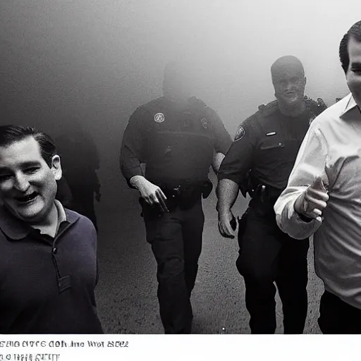 Image similar to Ted Cruz with a wide grin being chased down by multiple police officers, black and white, creepy lighting, foggy atmosphere, scary, horror, ornate, eerie, fear