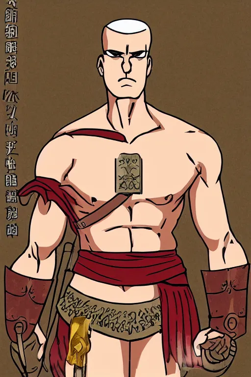 Image similar to shy tall muscular roman guard, male, bushy eyebrows, round eyes, buzz cut hair, roman armor, screen cap, 4K, stylized, drawn by Hiromu Arakawa