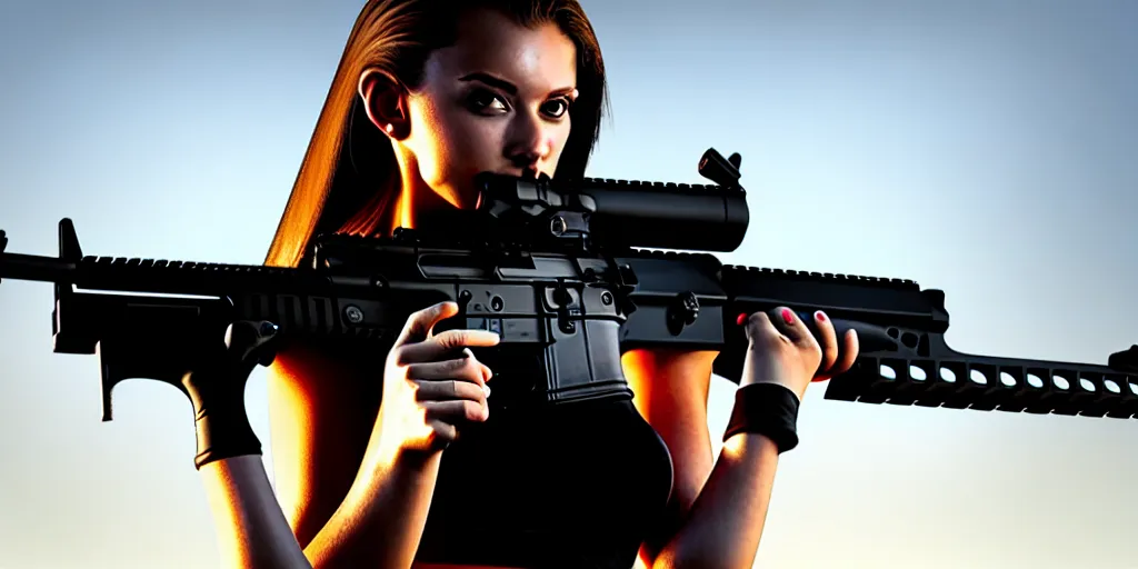 Image similar to hyperrealistic photo of a hot girl holding an ar - 1 5, 8 k