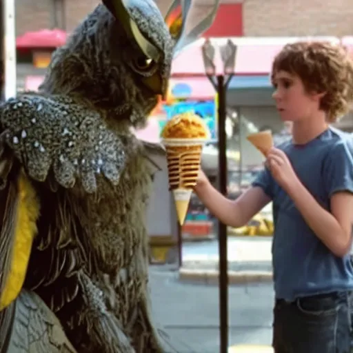 Image similar to mothman and moth boy getting ice cream, movie still