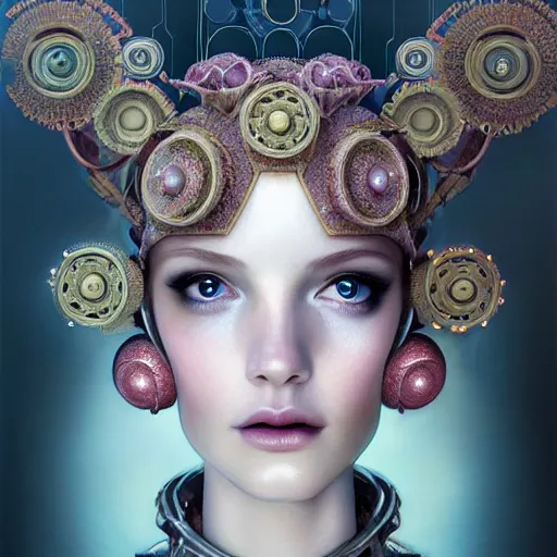 Prompt: portrait of the beautiful young robotic goddess of poppy, surreal, fantasy, intricate, mechanical, elegant, dramatic lighting, emotionally evoking symbolic metaphor, highly detailed, gears, lifelike, photorealistic, digital painting, painterly, artstation, concept art, smooth, head in focus, sharp focus, illustration, art by John Collier and Krenz Cushart and Artem Demura and Alphonse Mucha and Albert Aublet,