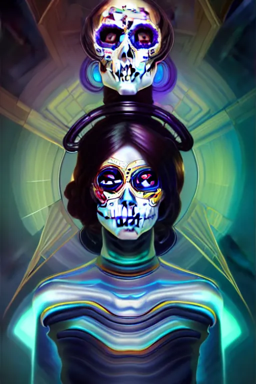 Prompt: ultra detailed, portrait of a female android, eyes closed, sci - fi, triadic color scheme, moody, calm, ( dia de los muertos ), asymmetrical, intricate concept art, art by artgerm and godmachine and michael welan andalphonse mucha and loish and wlop