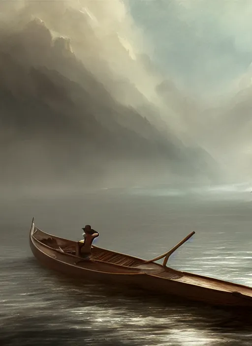 Image similar to man in a boat in a body of water, a detailed matte painting by richard mortensen, cgsociety, fantasy art, matte painting, concept art, made of mist