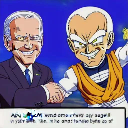 Prompt: : president biden and freeza, anime cartoonstyle, dragonball z