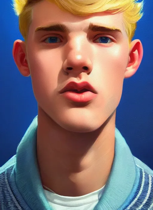 Image similar to portrait of a high school senior boy named moose mason, blonde short hair, jock, beefy, square jaw, square facial structure, 1 9 5 0 s, blue varsity jacket, intricate, elegant, glowing lights, highly detailed, digital painting, artstation, concept art, smooth, sharp focus, illustration, art by wlop, mars ravelo and greg rutkowski