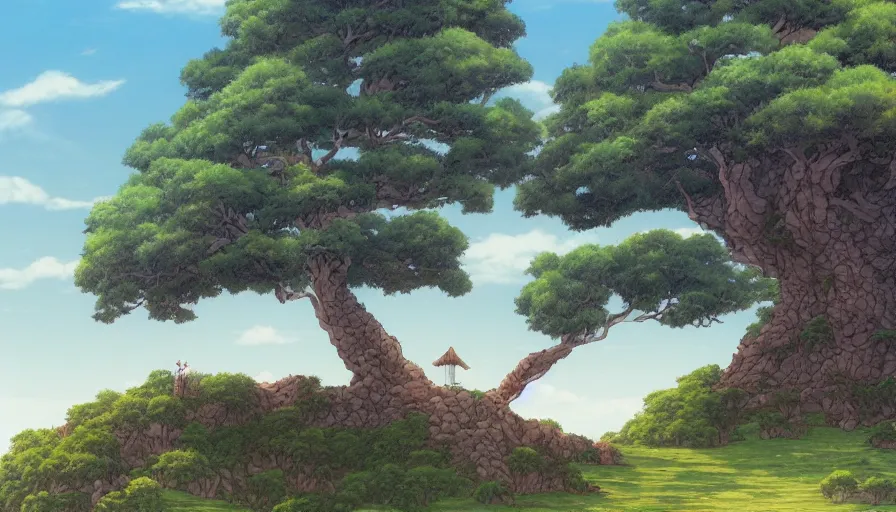 Prompt: a landscape of a single tree with bushes nearby, studio okinawa, castle in the sky, animated, anime, illustrated, vibrant, by earl norem, 2 0 0 mm telephoto, background on artstation