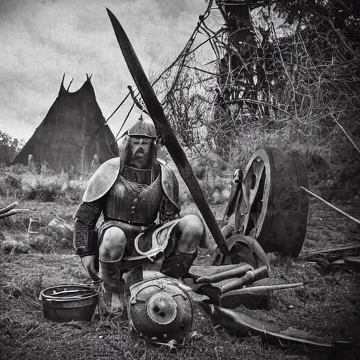 Image similar to viking in war armor working on the flying ancient device, tools and junk on the ground, old village in the distance, vintage old photo, black and white, sepia