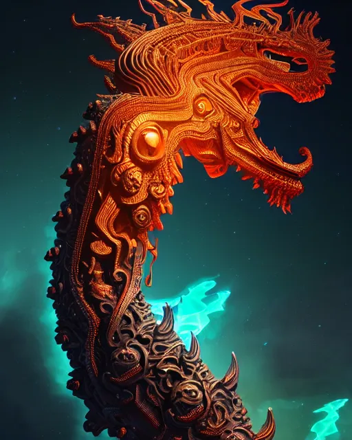 Image similar to 3 d ornate carved dark cosmic horse with profile portrait, sigma 5 0 0 mm f / 5. beautiful intricate highly detailed quetzalcoatl skull. bioluminescent, plasma, lava, ice, water, wind, creature, thunderstorm! artwork by tooth wu and wlop and beeple and greg rutkowski, 8 k trending on artstation