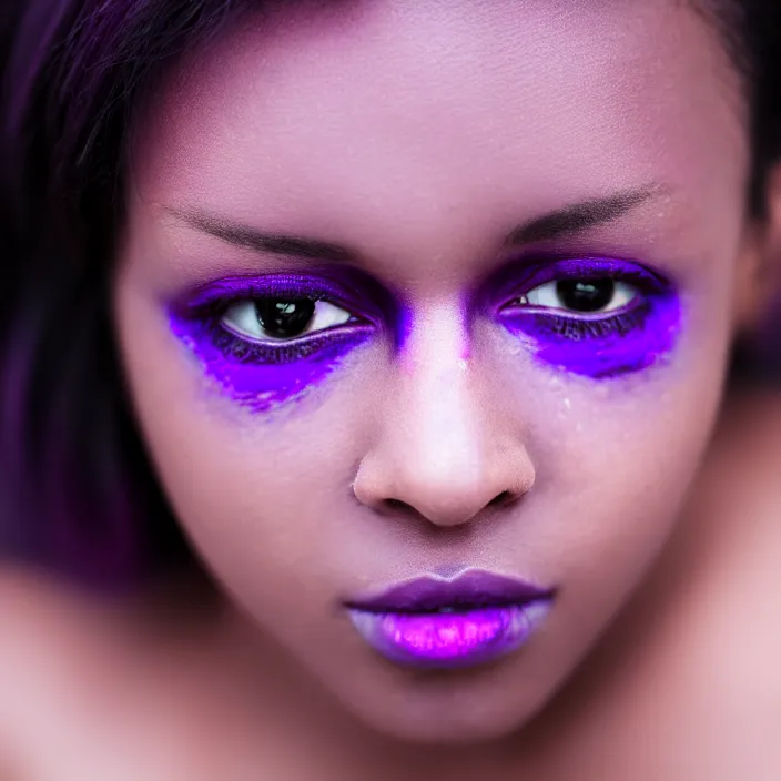 Prompt: photograph of a beautiful! woman with purple skin!!!!!!!. extremely detailed. dslr. 5 0 mm.