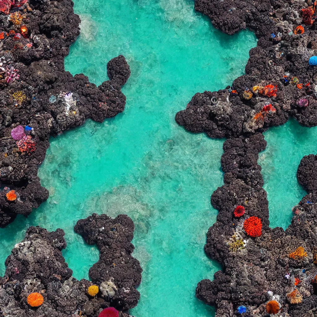 Image similar to birds eye view tide pools, clear pools of water with swirling sea foam and colorful anemones, dark black volcanic rock, floating kelp, small fishes, octopus