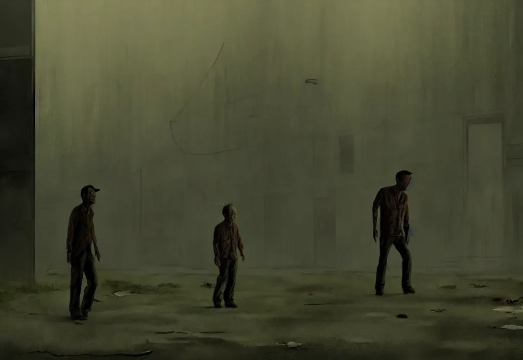 Image similar to cinematic movie still from an animated walking dead movie artwork by tim eitel, bill murray is a zombie in the scene, muted colours, cinematic lighting, abandoned buildings,