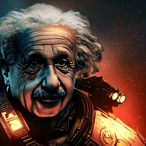 Prompt: 'Albert Einstein'! as Batman in Gears of War, splash art, movie still, detailed face, cinematic lighting, dramatic, octane render, long lens, shallow depth of field, bokeh, anamorphic lens flare, 8k, hyper detailed, 35mm film grain