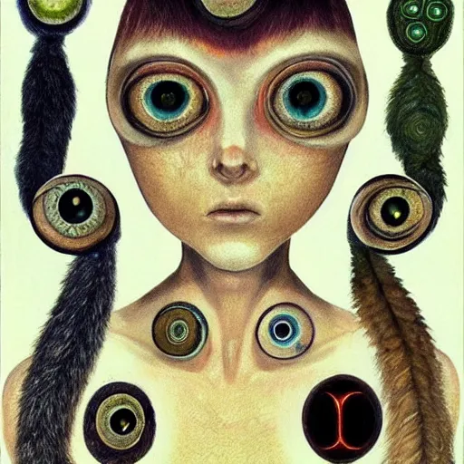 Image similar to !5 three eyed goddesses, third eyes middle of foreheads, long necks, very wide wide shot, very hairy bodies, beautiful colors, eyes in forehead, beautiful lighting, detailed photographs, very detailed, eyes reflecting into eyes reflecting into infinity