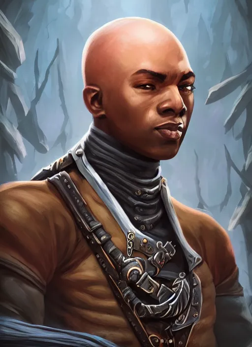 Image similar to An epic fantasy comic book style portrait painting of a young dark skinned thief with broad shoulders and a bald head in a vest in the style of the wheel of time in the style of the wheel of time, unreal 5, DAZ, hyperrealistic, octane render, cosplay, RPG portrait, dynamic lighting