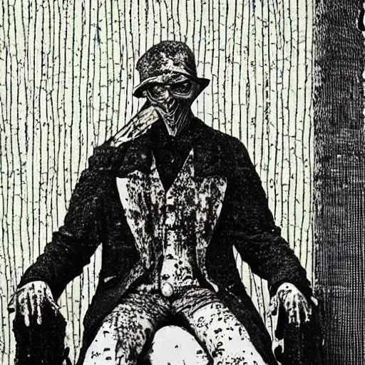 Prompt: “the melting man wearing a Victorian suit, he is in his apartment just melting into an indeterminable sludge, the wallpaper is tacky”