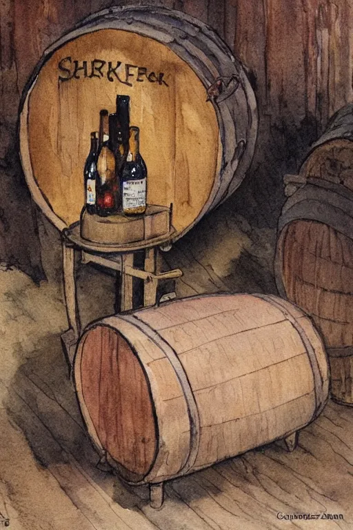 Image similar to pork schnapps wine candle on a barrel in a cellar, watercolor painting by anderz zorn and carl larsson