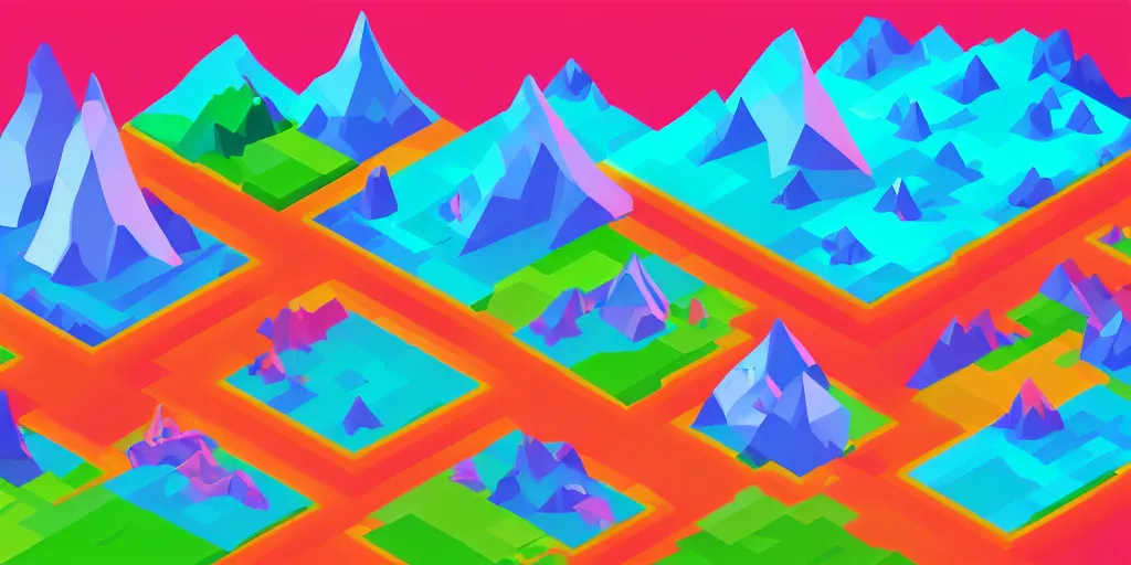 Image similar to an isometric colorful videogame world, epic mountains, azure ocean in the background, blocks