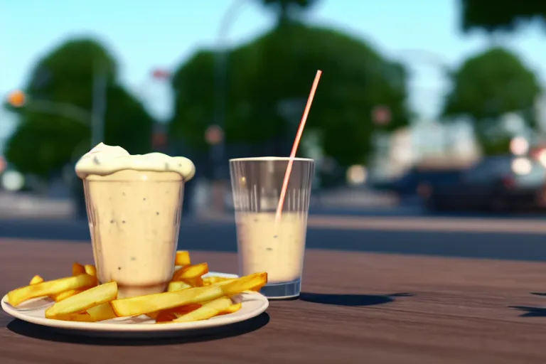 Image similar to best fries, best mayonnaise, best weather, best light, best drink. super realistic 8 k render of a elegant, cinematic composition