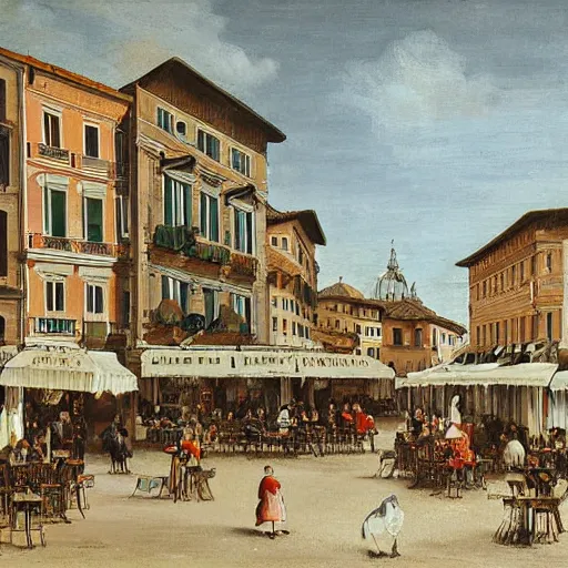 Prompt: the view of a cafe breakfast, buildings in rome by martinus rørbye