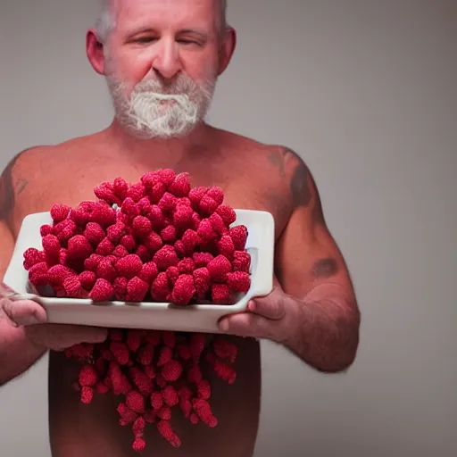 Image similar to studio photograph of a man made entirely out of raspberries