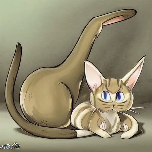 Prompt: realist detailed painting concept art of a cute beige cat with big green eyes, long floppy rabbit ears, and long tail, in the art style of nakanoart, ebbarie, kajenna