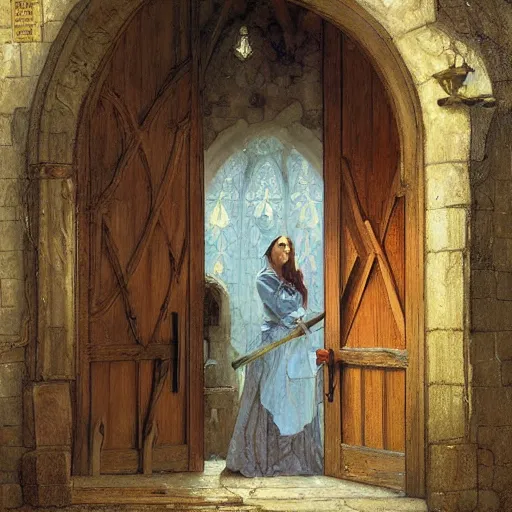 Image similar to an oak door in a medieval building with a terrible secret behind it by stanley artgerm lau, greg rutkowski, thomas kindkade, alphonse mucha, loish, norman rockwell.