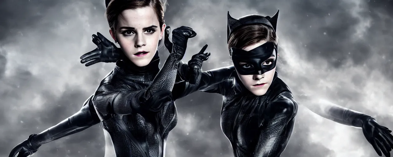 Image similar to Emma Watson as catwoman, 8k wallpaper, XF IQ4, 50mm, F1.4, studio lighting, professional, 8K, Look at all that detail!, Dolby Vision, UHD