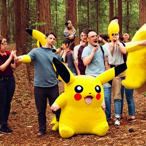 Image similar to photograph of a group of people worshipping a giant pikachu in a forest