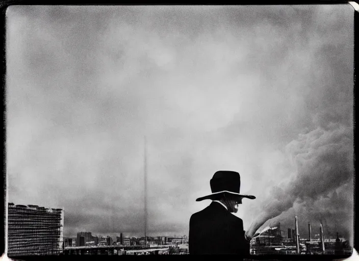Image similar to mysterious man in suit and hat wrapped in cigarette smoke, in a big industrial city metropoli with a cloudy sky, polaroid artistic photo