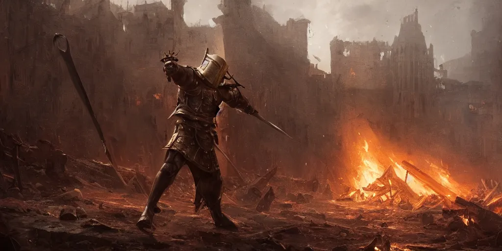 Image similar to a painting of a cinematic keyframe of a medieval knight warrior with his sword walking into a destroyed medieval town, with fire by greg rutkowski, rule of thirds, golden ratio, ambient lighting, wlop, artgerm, artstation, highly detailed masterpiece, dark fantasy art, high detail, trending on artstation