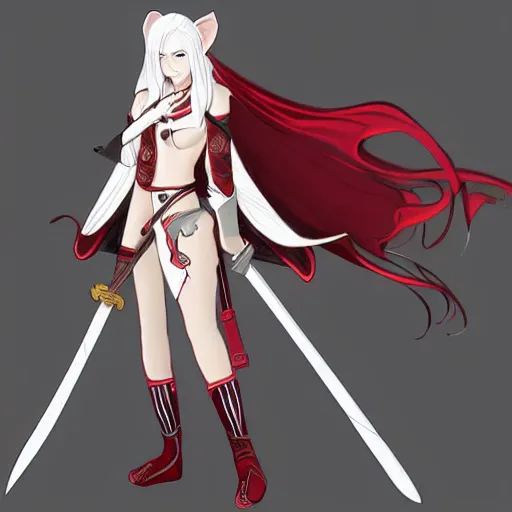 Prompt: D&D character concept. Elf female, with white long hair, red eyes, pale skin, in spandex and a kimono over it wielding a katana. Anime fantasy art style