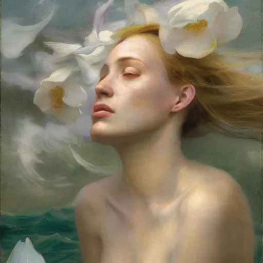 Image similar to goddess of magnolias, wind swept hair, murky underwater and dreaming by jeremy lipkin, vincent di fate, hieronymus bosch, rule of thirds, seductive look, beautiful