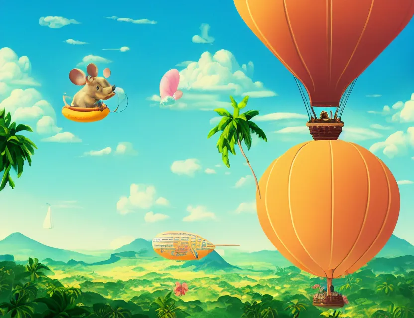 Image similar to adventurer mouse travelling on a vaporwave blimp above tropical landscape. complementary colors, gouache, indie concept art, bloom, chiaroscuro, backlighting, intricate details.