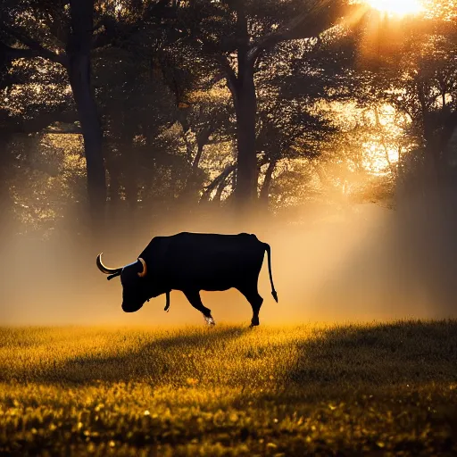 Prompt: national geographic photo of a bull running into the fog with the bright sun beaming behind glowing yellow with rays of light shining across the scene